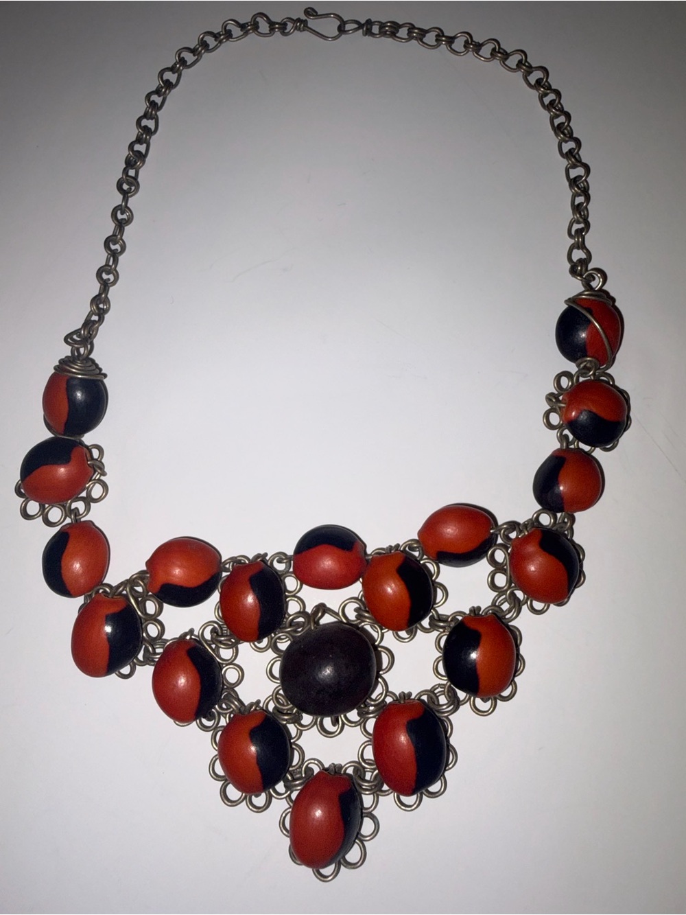 Peruvian Artisan Red Black Seed Bead Wirework Bib Necklace Peru Y2K